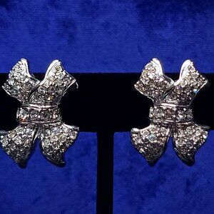 Swarovski Clear Crystal Rhinestone Bow Clip-On Earrings in Silver Tone